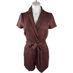 ASOS Brown Black Grid Check Short Sleeve Tie Waist Collared Romper Shorts Size 2